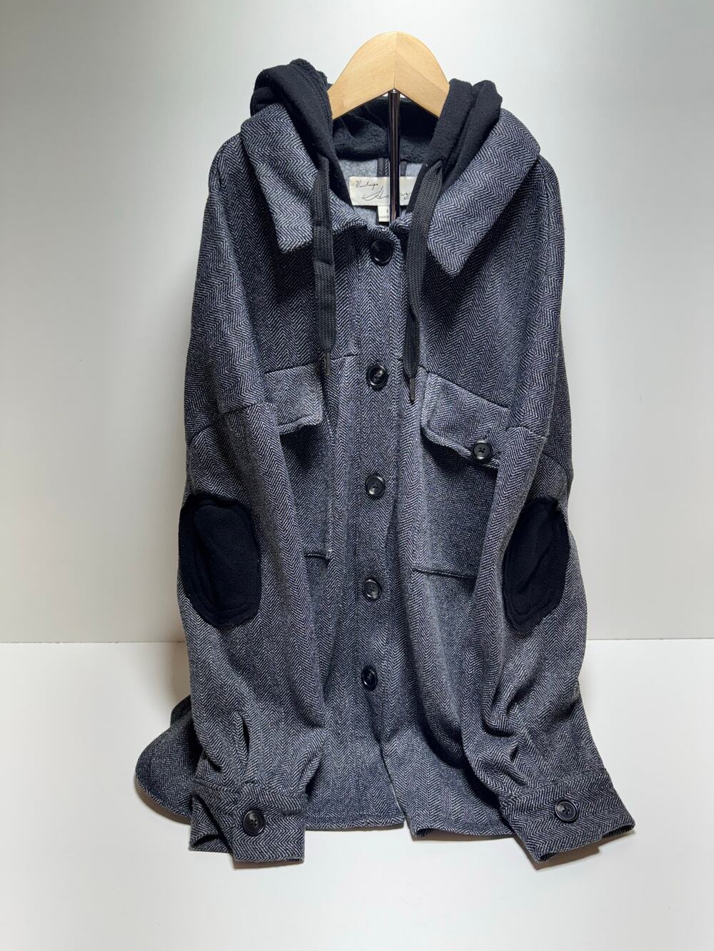 Vtg Women’s Button Front Hooded Jacket Sz L Gray Black Elbow Patch Boho Fall